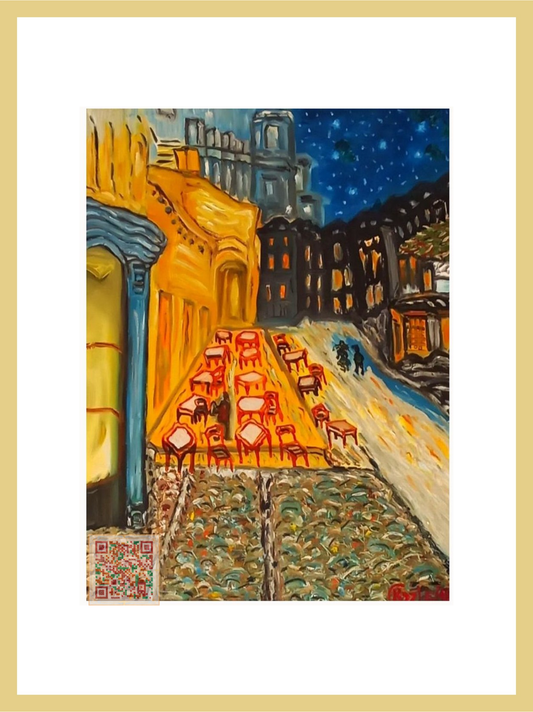 🎨 Yıldızlı Gecede Bir Cafe | Orijinal Eserin QR Kodlu Dijital Baskısı | Dijital Çerçeveli